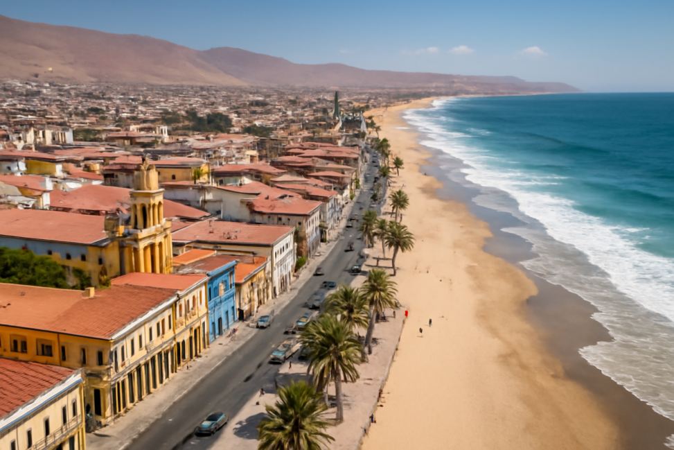 Pemandangan udara kota Iquique dengan bangunan kolonial dan pantai