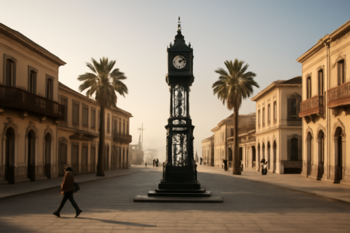 Suasana pagi di Plaza Prat, pusat wisata kota Iquique dengan menara jam besi dan bangunan bersejarah