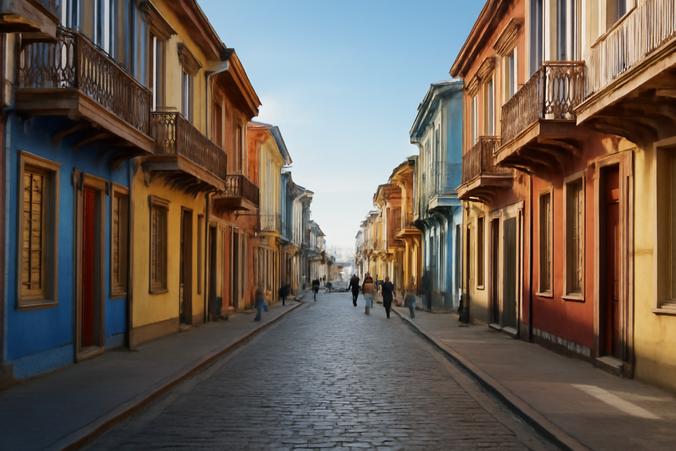 Jalan pejalan kaki dengan rumah kayu berwarna-warni di pusat kota Iquique pada pagi hari