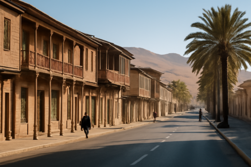 Jalan pusat kota Iquique dengan bangunan kayu bersejarah dan pejalan kaki pada pagi hari