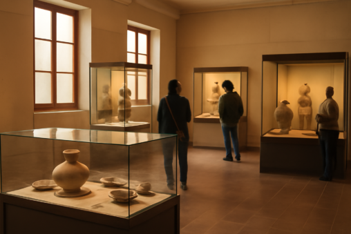 Interior museum di Iquique dengan koleksi arkeologi dalam lemari kaca