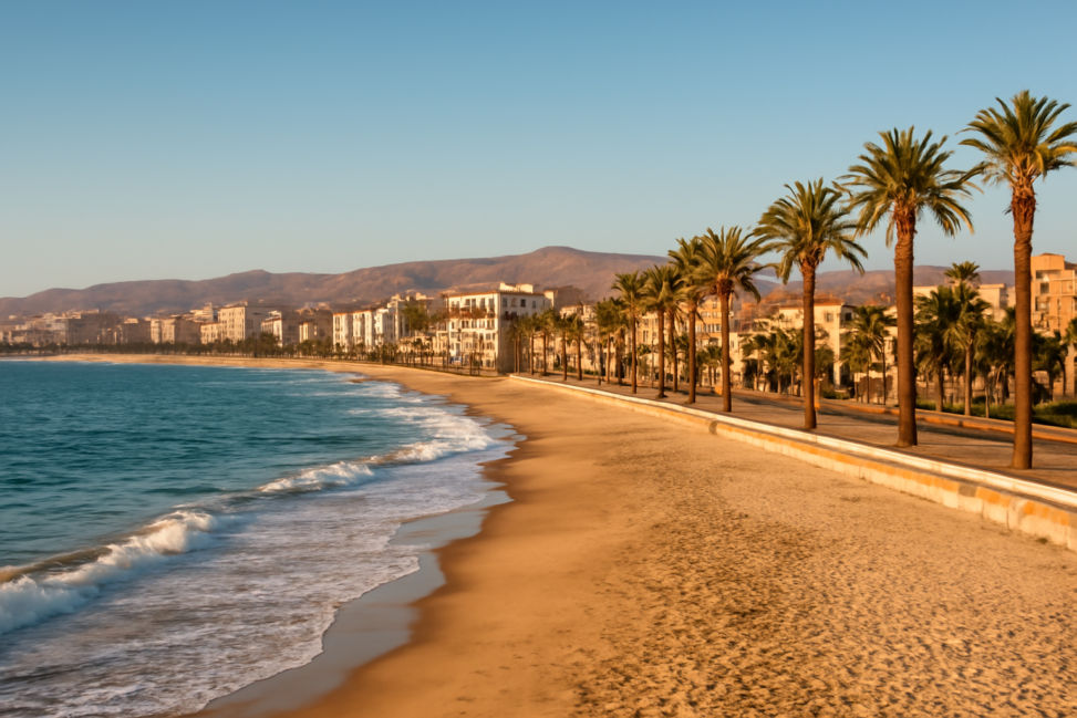 Pemandangan pantai dan promenade di kota Iquique, Chili utara