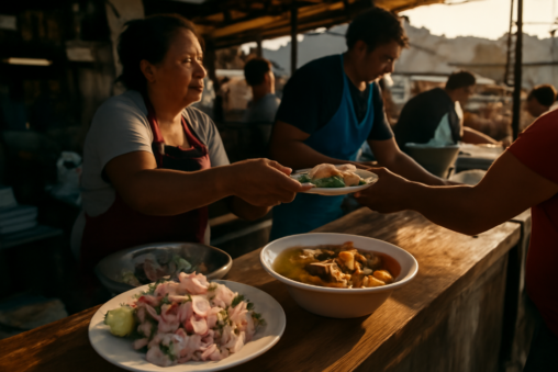 Hidangan seafood segar di kedai makan pasar lokal Iquique